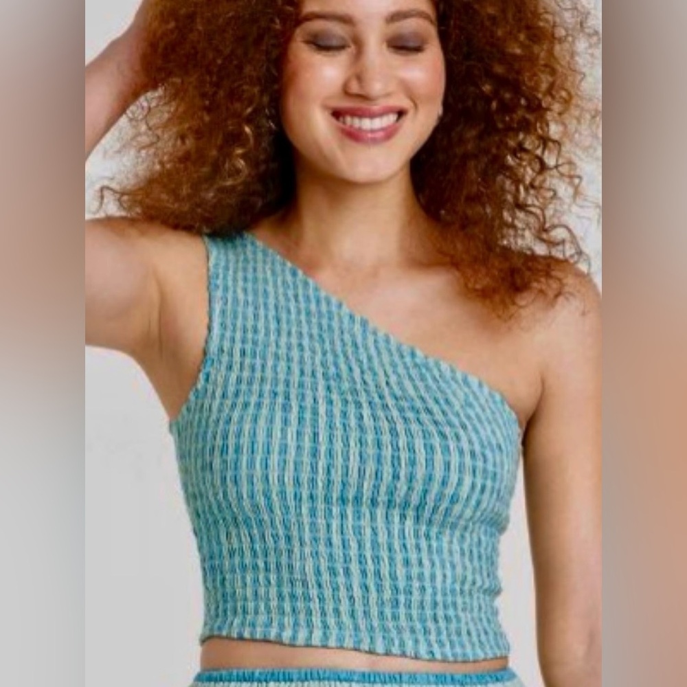 A New Day Smocked One Shoulder Green Blue Stripe Crop Top Size Small